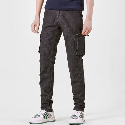 Men's Jeans Street Style Waist Denim Cargo Pants Solid Color Washed Slim Fit Casual Jeans with Multiple Pockets for Daily Wear