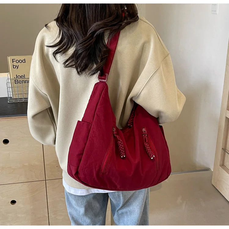 Summer Women Solid Color Shoulder Bag Fashion Lightweight Versatile Travel Crossbody Bag Commuter Nylon Large Capacity Hobo Bag