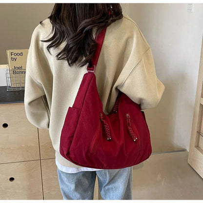 Summer Women Solid Color Shoulder Bag Fashion Lightweight Versatile Travel Crossbody Bag Commuter Nylon Large Capacity Hobo Bag