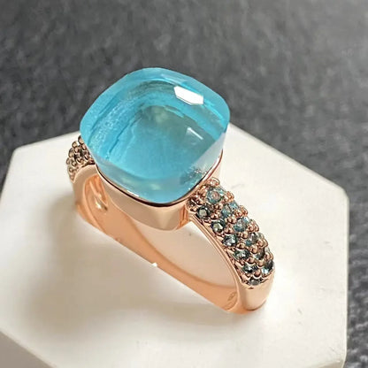 10.6mm Topaz Ring For Women Inlay Light Blue Zircon Candy Water Drop Crystal Ring Rose Gold Plated Jewelry Gift