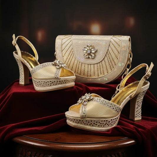 Italian Design Bigger Size Shoes and Bags Set Wedding for Women Bride Ladies High Heel HAND CRAFTED UPPER Shoes with Rhinestone