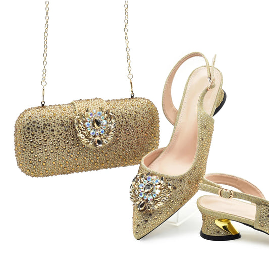 African Shoe and Bags Set for Wedding Nigerian Party Shoes and Bag Set Decorated with Rhinestone Elegant Heeled Pumps for Women