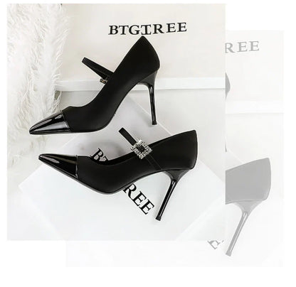 Banquet High Heels Thin Heels Light Mouth Color-Blocked Pointed Toe Rhinestones One-Strip Ultra High Heels Single Shoes Elegant