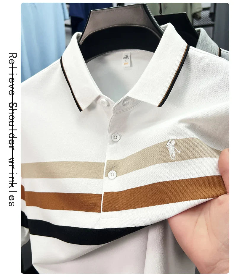 Boutique cotton short sleeve men's polo shirt 2025 summer fashion striped high-end flip collar top casual youth business T-shirt