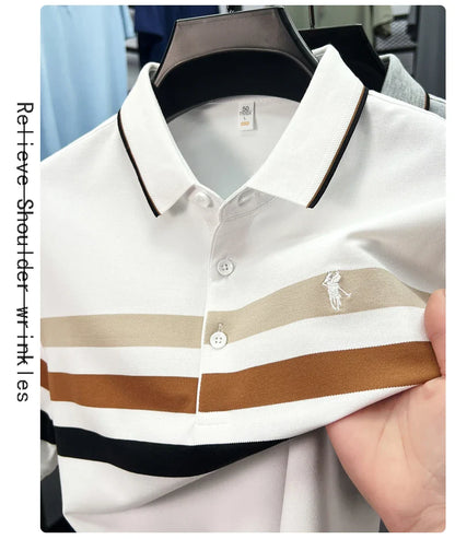 Boutique cotton short sleeve men's polo shirt 2025 summer fashion striped high-end flip collar top casual youth business T-shirt