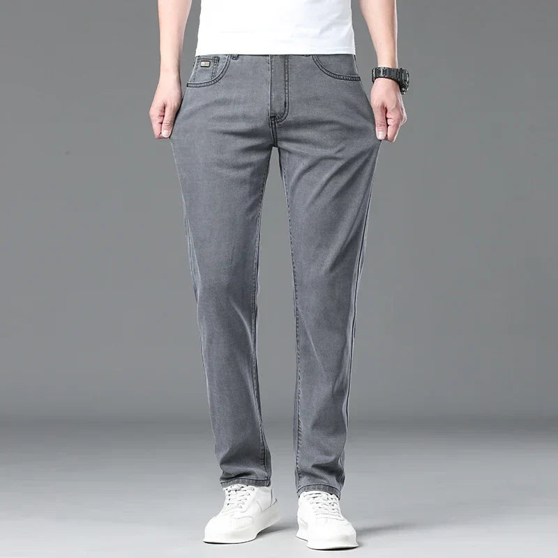 Summer Lyocell Ultra-thin Jeans Men Straight Stretch Breathable Denim Pants Fashion Business Casual Male Trousers Black Gray