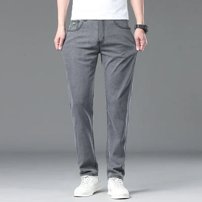 Summer Lyocell Ultra-thin Jeans Men Straight Stretch Breathable Denim Pants Fashion Business Casual Male Trousers Black Gray
