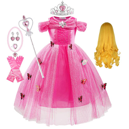 Summer Girls Sleeping Beauty Auroro Princess Halloween Cosplay Dress Off Shoulder Kids Gift Fancy Party Princess Clothing