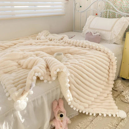 Solid Color Striped Fluffy Blanket Milk Velvet Soft Blanket with Cute Pompoms 3D Stereo Craft Travel Warm Bedding All Season