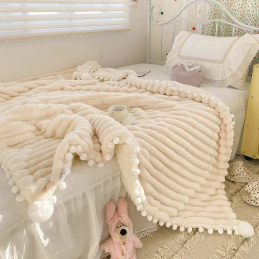 Solid Color Striped Fluffy Blanket Milk Velvet Soft Blanket with Cute Pompoms 3D Stereo Craft Travel Warm Bedding All Season