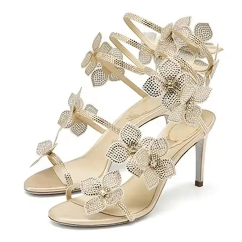 Luxury Designer Pink Flower Rhinestone High Heels Sandals Shoe Sexy Wrap Strap Open Toe Stripper Prom Party Ladies Shoes