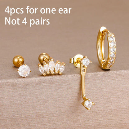 4PCS Stainless Steel Circle Huggie Hoop Earrings Set for Women Gold Color Unique Zircon Flower Stud Earring Piercing Jewelry