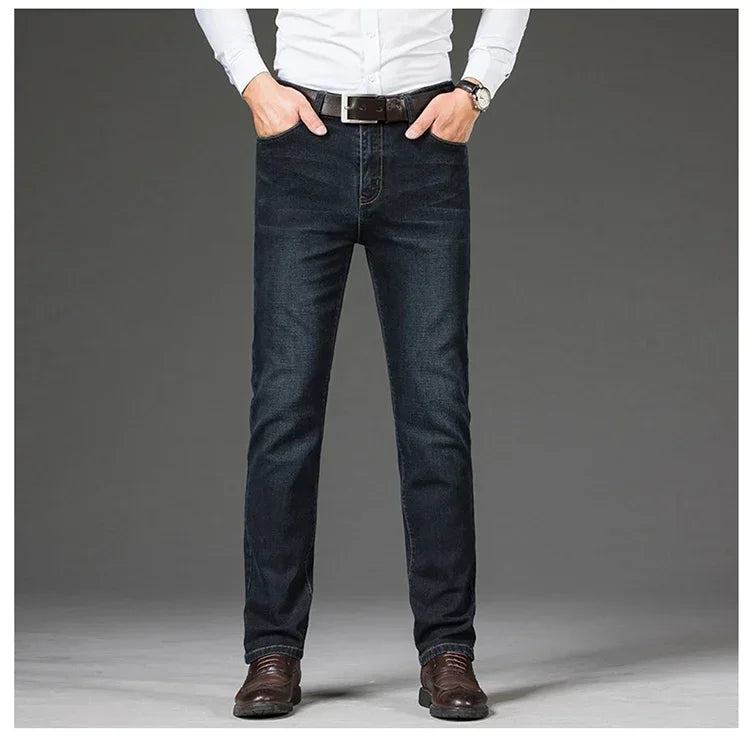 Tamanhos Grandes 40 42 44 46 2025 Nova Calça Casual Social Elástica Calça Jeans Azul Clássico Masculina Calça Jeans Solta Reta Masculina
