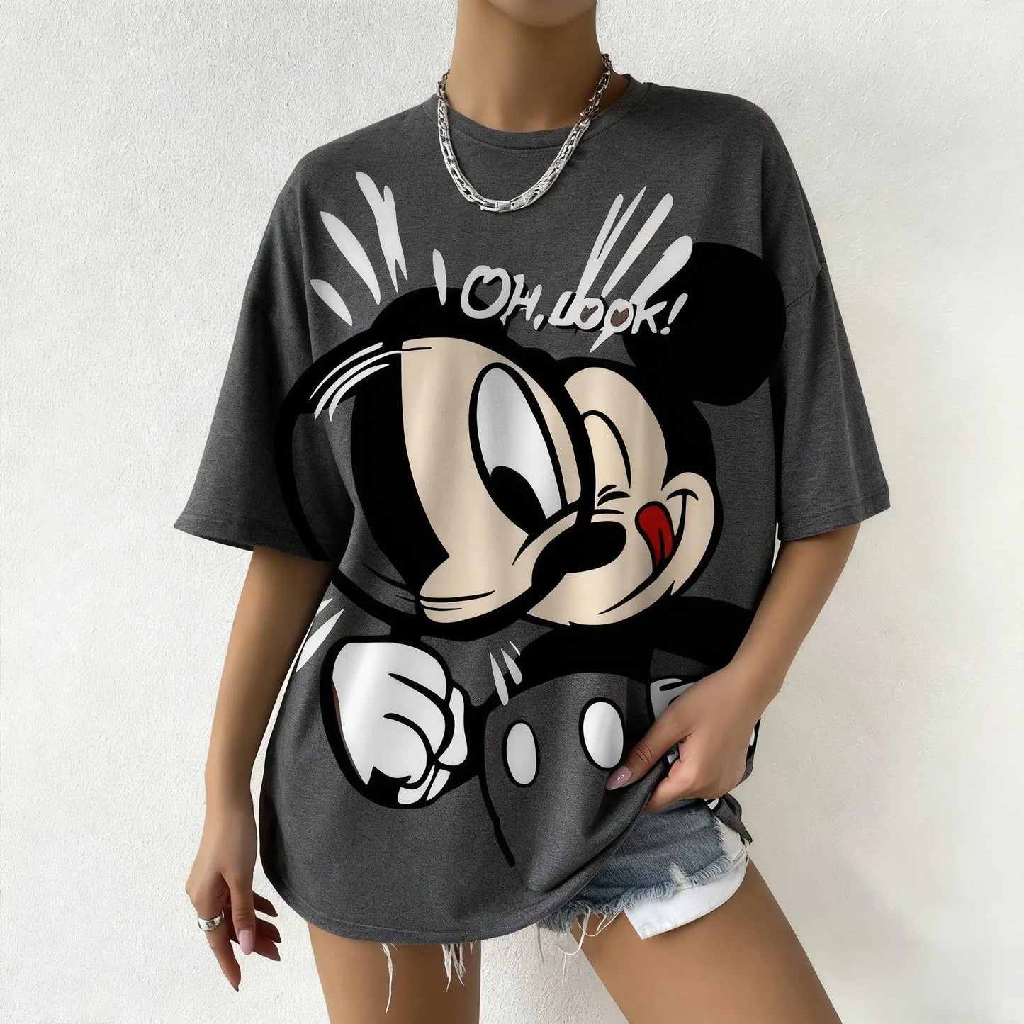 Summer Mickey Mouse Oh Look Printed Women Tshirt Cartoon Graphic Tee Oversized Vintage Streetwear Fashion Y2k Tops