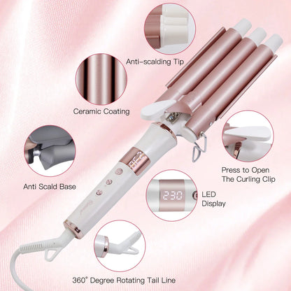 Hatteker Professional Hair Curling Iron Ceramic Triple Barrel Waver Electric Hair Styling Tool for Versatile Curls And Waves EU