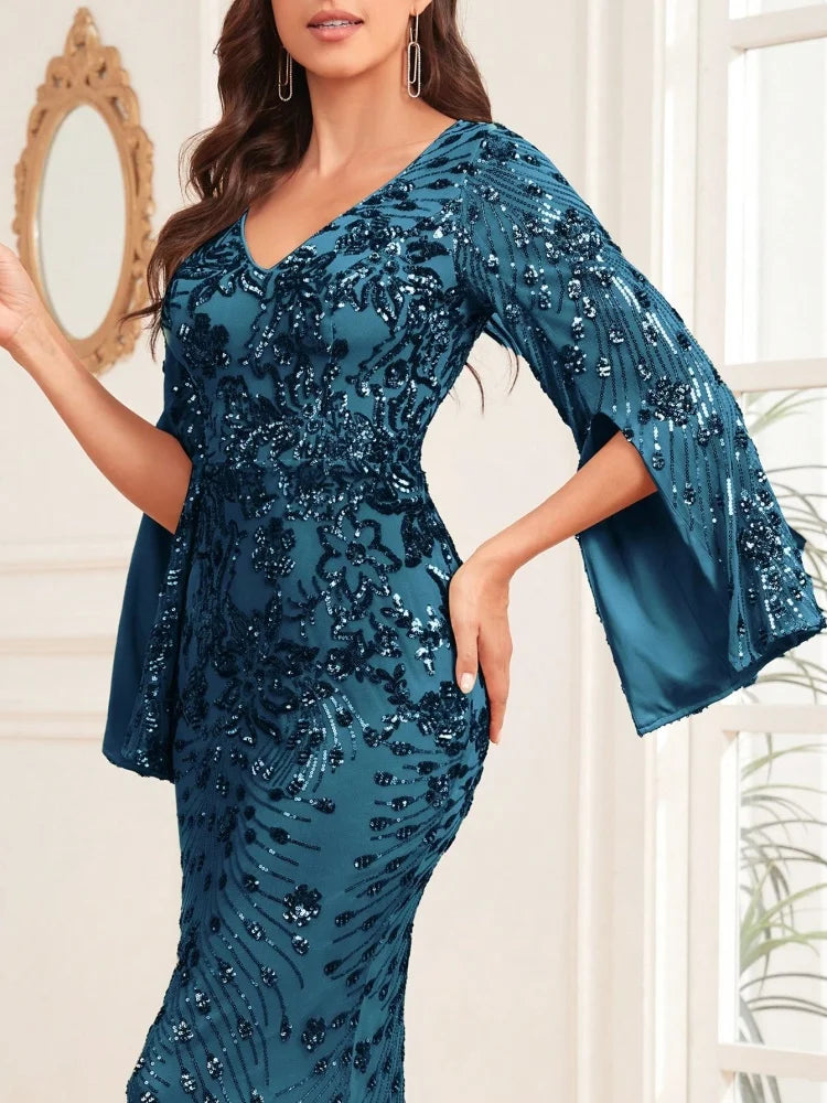 Luxury Champagne Evening Dresses For Women 2025 Long Sleeve Mermaid Formal Sequins V-neck Prom Wedding Party  Graduation Gowns
