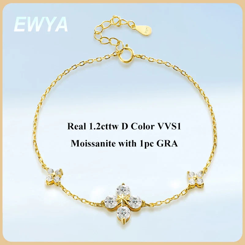Clover GRA Certified 1.2cttw Moissanite Diamond Link Bracelet for Women 925 Silver Plated 18k Gold Hand Chain Bracelets