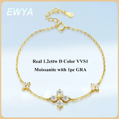 Clover GRA Certified 1.2cttw Moissanite Diamond Link Bracelet for Women 925 Silver Plated 18k Gold Hand Chain Bracelets
