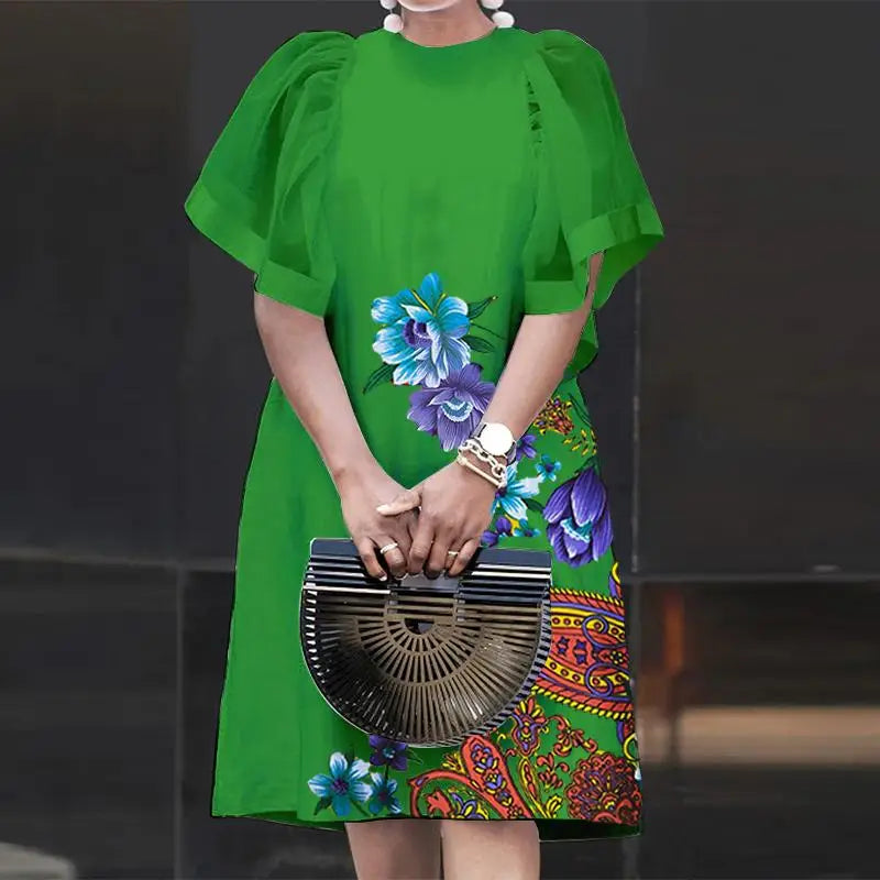 Women Vintage Vestidos Solid Mesh Patchwork Sundress Casual Summer Mini Dress Party Ruffle Short Sleeve Loose Dresses