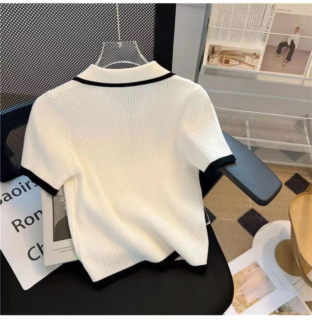 Ice silk knitted short sleeved T-shirt for women's summer 2024 new fashionable and stylish polo shirt top