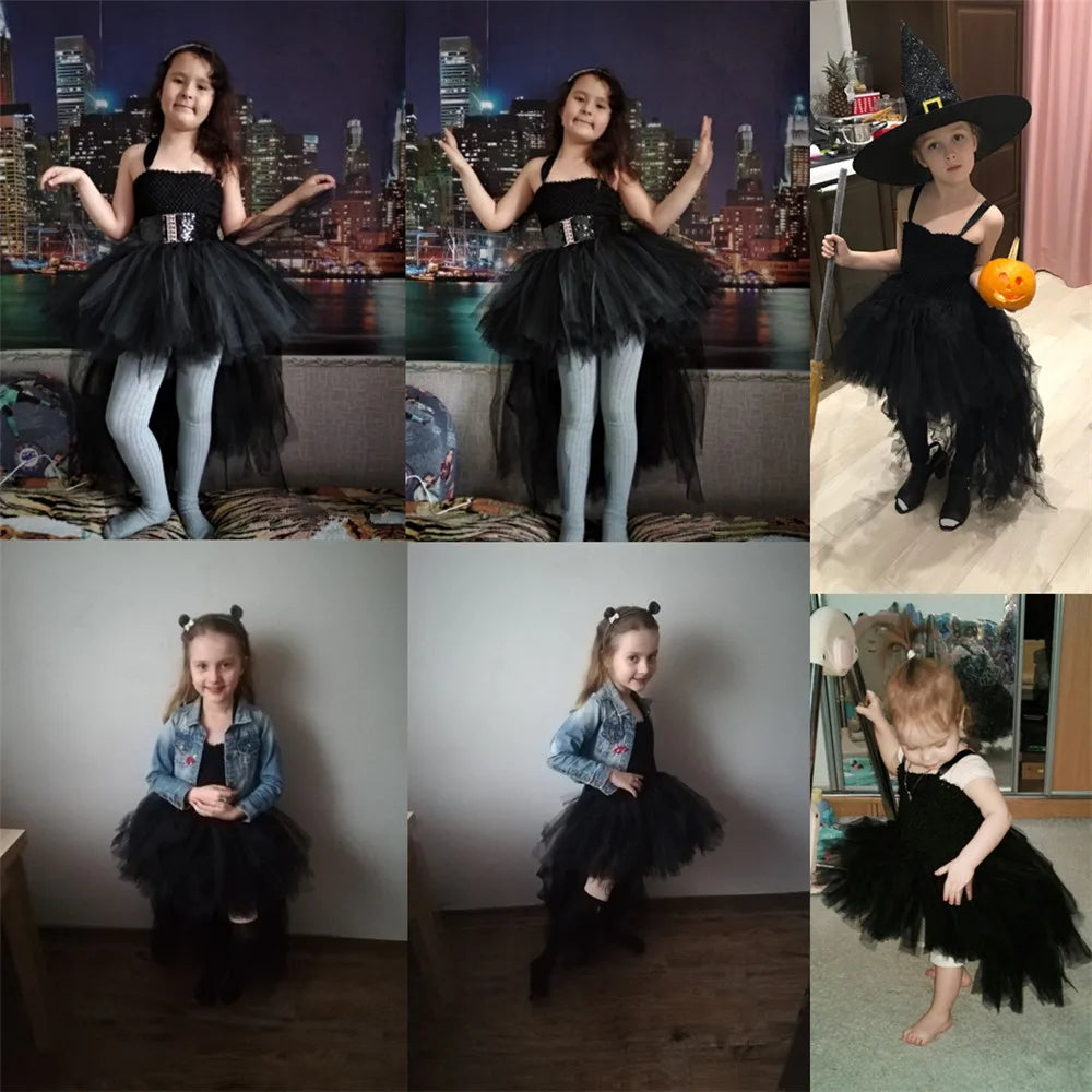 Vestido Tutu Rosa e Preto para Meninas, Vestido de Tule com Cauda e Decote V para Festa de Aniversário, Vestido de Baile para Meninas, Fantasias de Halloween Infantis
