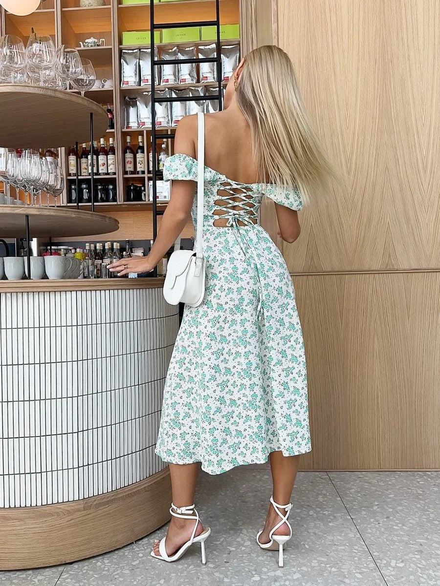 Women's Off Shoulder Floral Dress Summer New Fashionable Slit Long Slim Fit Print Dress Sexy Hot Girl Evening Dresses