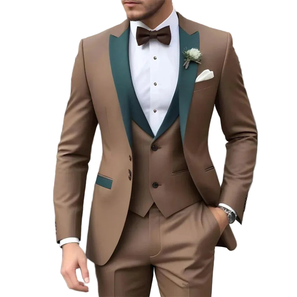 Elegant Brown Men's Suit Jacket Pants Three-Piece Set Classic Business Men Striped Suit Groom Wedding Buckle suit