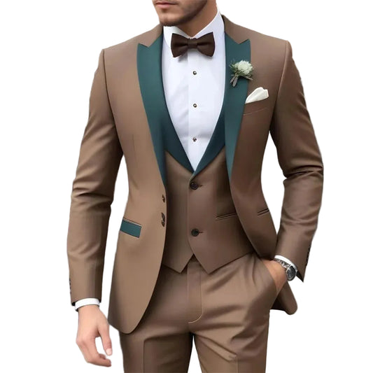 Elegant Brown Men's Suit Jacket Pants Three-Piece Set Classic Business Men Striped Suit Groom Wedding Buckle suit