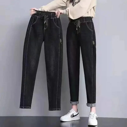Women's Elastic Waist Denim Pants Cuffed Trendy Jeans