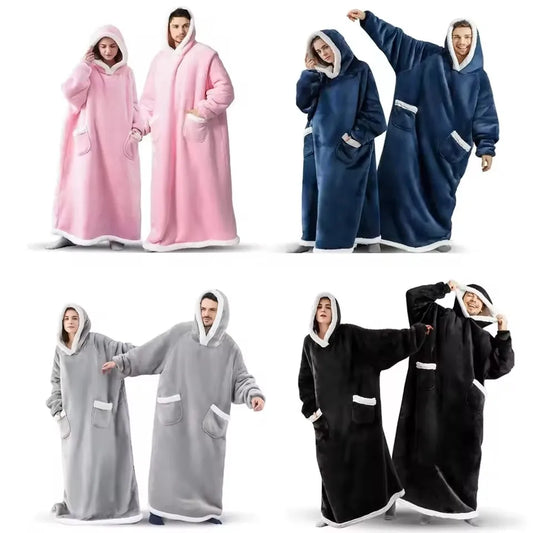 180cm Super Long Flannel Blanket Pyjamas with Sleeves Winter Hoodies Sweatshirt Women Men Pullover Fleece Giant Oversized Outd