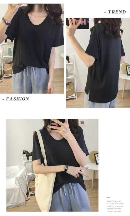 1pcs Girls Summer Solid T-shirts Women Classic Basic Fashion Tees Students Short Sleeve Loose Tops Female V Neck Comfort Tshirts