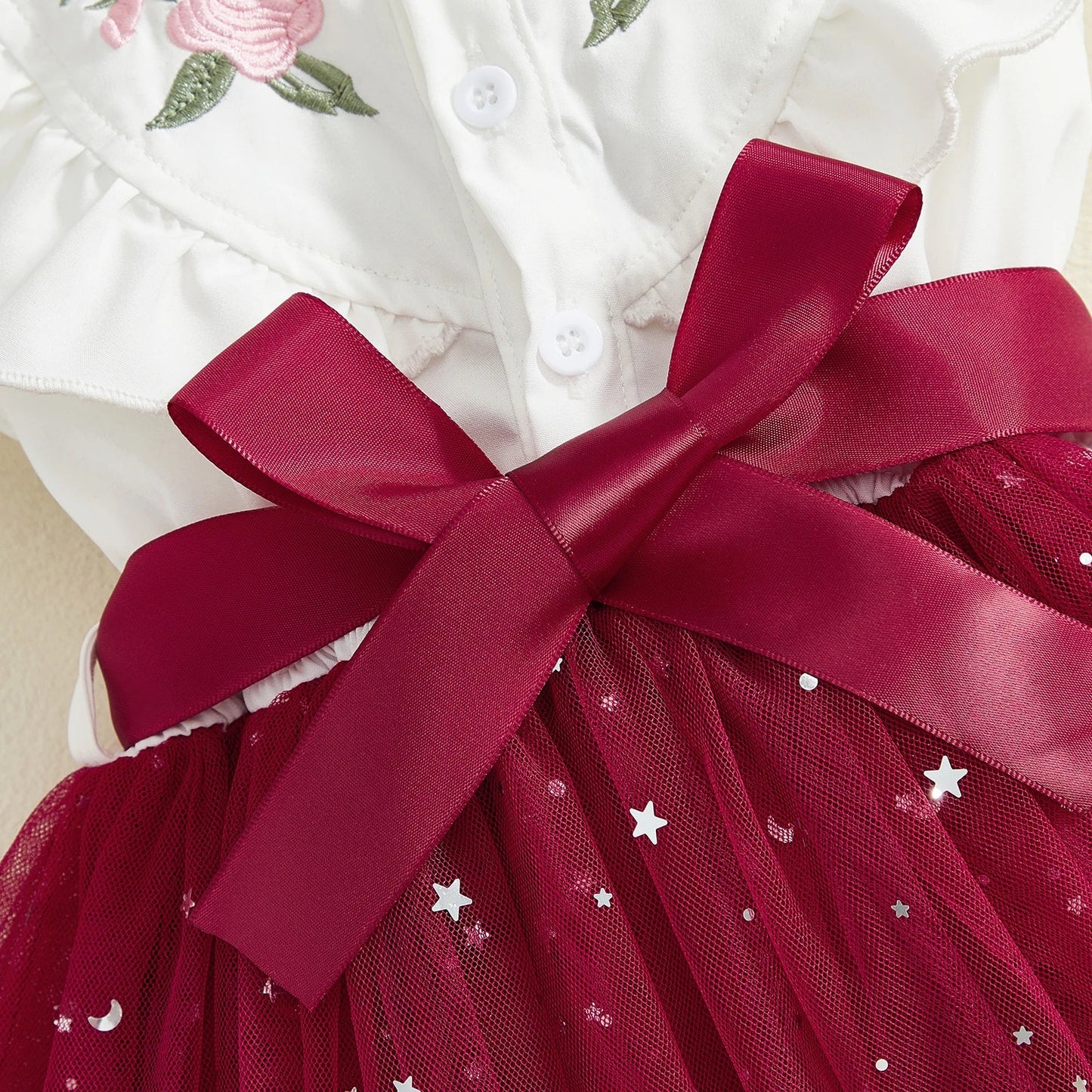 3-10Years Little Girl Summer A Line Dress Kids Flower Embroidered Ruffled Trim Star Print Button Up Sleeveless Mesh Tutu Dress