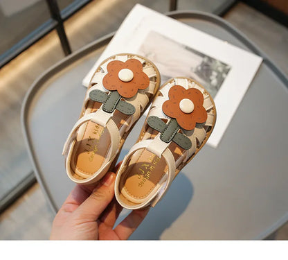 Children's Shoes Girls Sandals Beauty Large Flower Summer New Closed Toe Fashion Soft Bottom Kids Baby Girl Beach Shoes I04254
