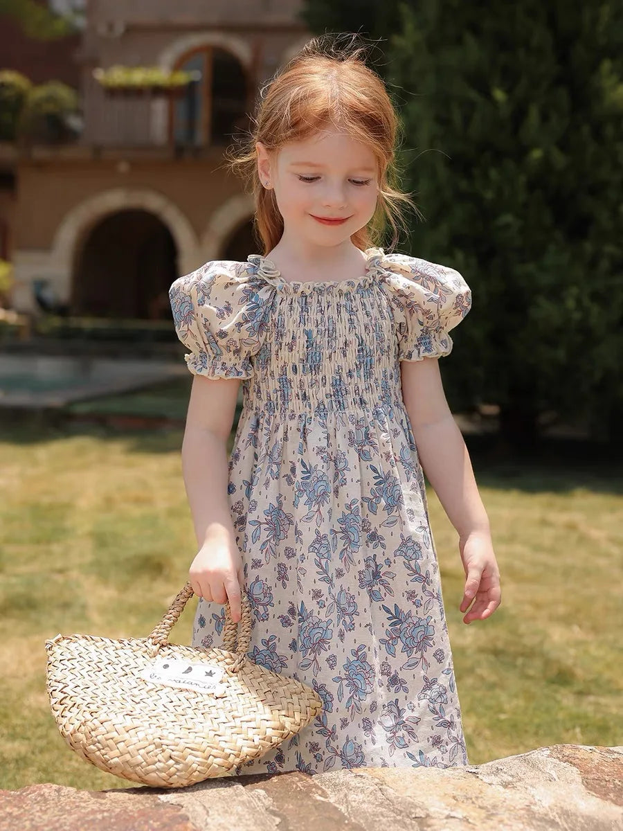 1-6Yrs Casual Summer Kids Girls Dress Floral Kids Clothes Ruffled Collar Purple Baby Girl Princess Dress New Flower Girl Dresses