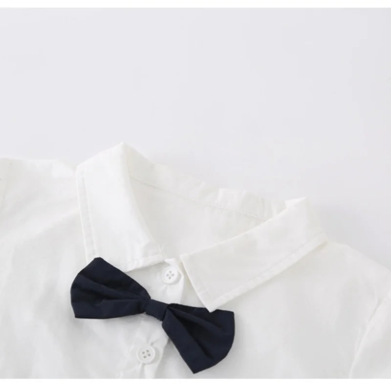 Baby Boys Gentleman 2pcs Overalls Set Bow Tie White Shirt+Suspender Shorts 1st Birthday Outfits Kids Handsome Suit