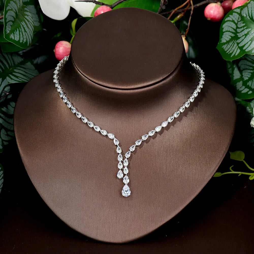 Simple CZ Ladies Jewelry Sets Water Drop Cubic Zirconia Crystal Tassel Earrings and Necklace Set for Women Gifts N-1149