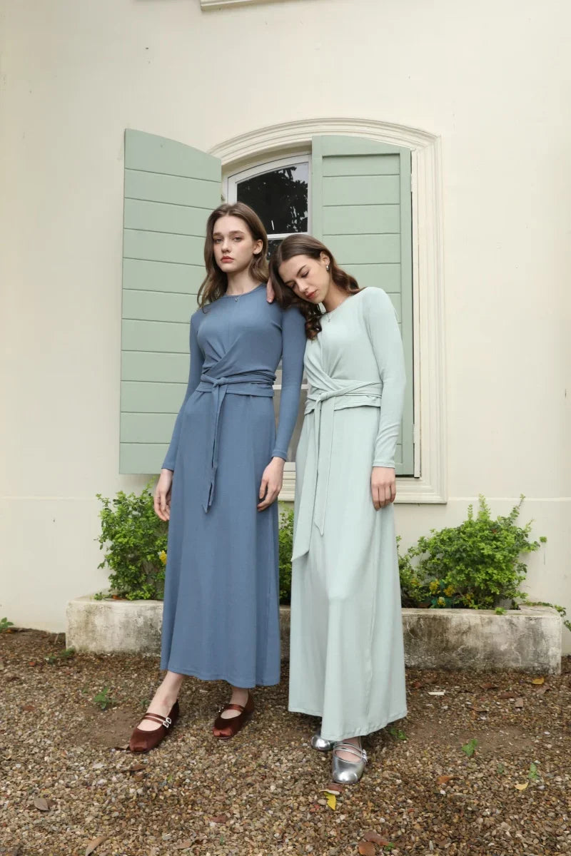summer ribbing closed-fit wrap tops + Aline dress high Stretch matching sets