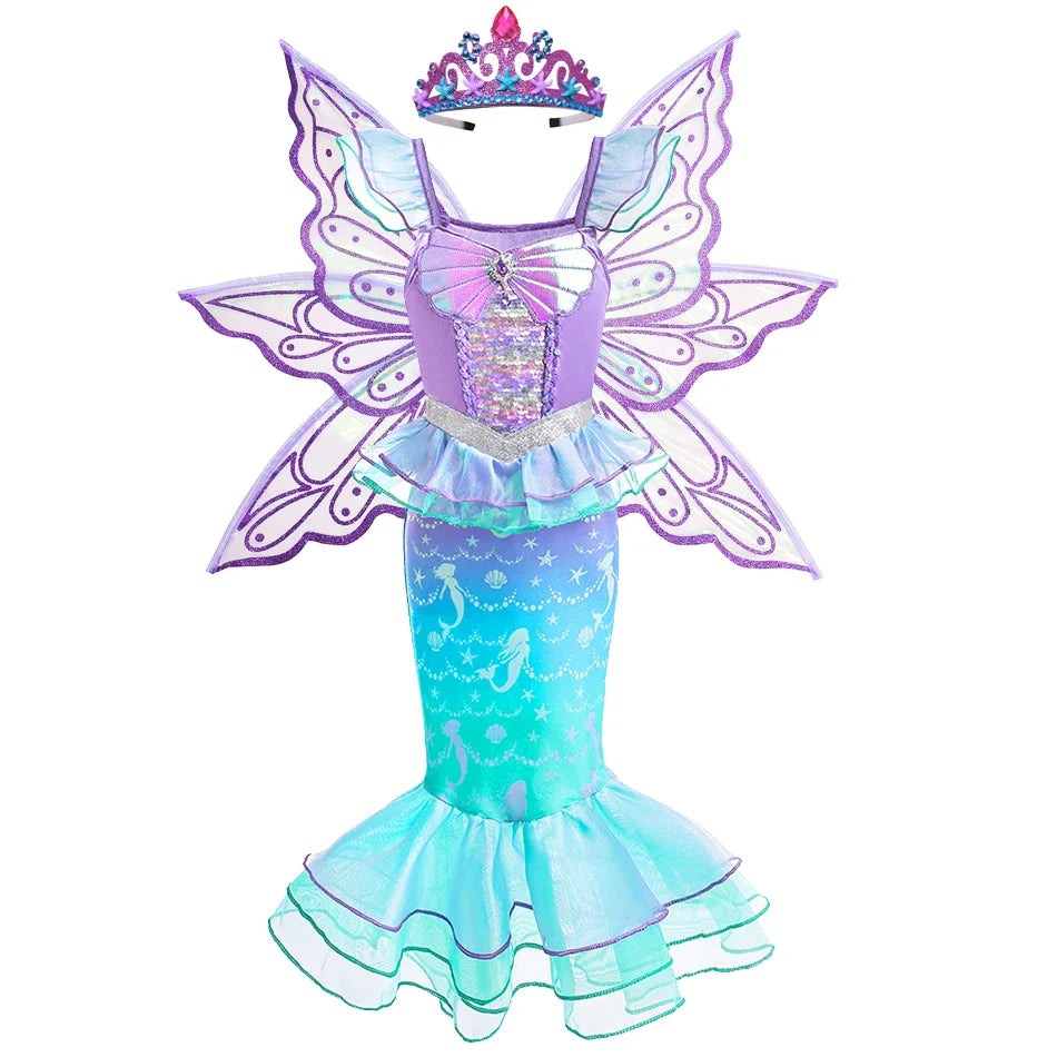 Ariel Cosplay Princess Costume Kids Cartoon Printed Dress Girls Halloween Children Carnival Birthday Party Clothes
