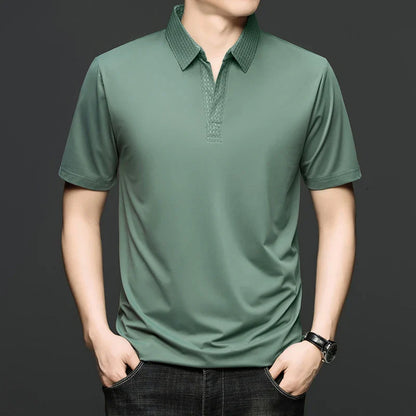 Fashion V-neck short sleeve T-shirt men's summer solid color silky smooth breathable personalized jacquard buttonless polo shirt