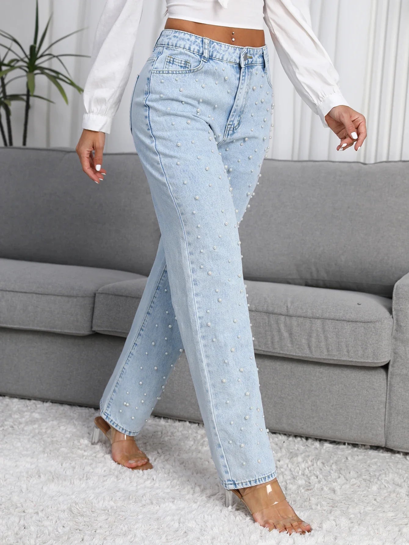 Women Straight-Leg Denim Jeans with Fashion Faux Pearl Detail