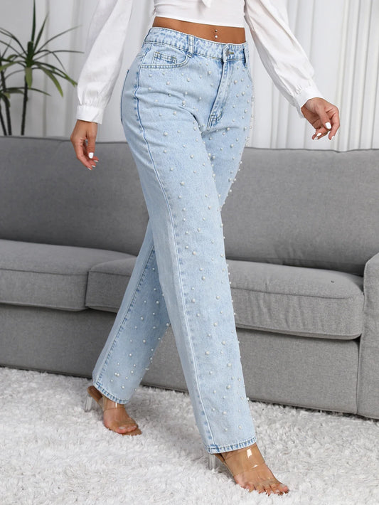 Women Straight-Leg Denim Jeans with Fashion Faux Pearl Detail
