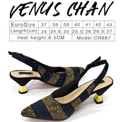 Elegant High Heels Shoes and Bag Set for Women Pointed Toe Black Color Hollow Rhinestones Matching Bag
