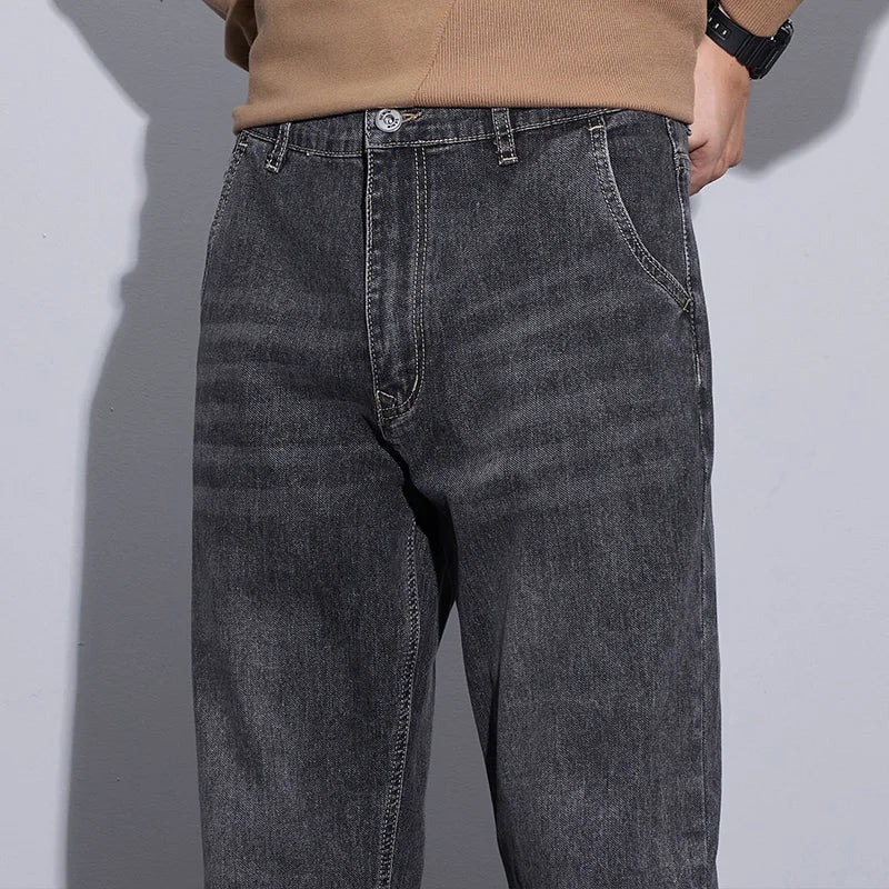 New Men's Micro Elastic Wide Leg Jeans American Retro Versatile Loose Fit Long Pants for All Seasons