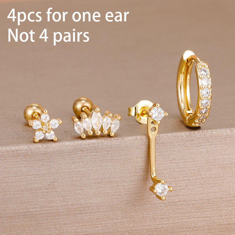 4PCS Stainless Steel Circle Huggie Hoop Earrings Set for Women Gold Color Unique Zircon Flower Stud Earring Piercing Jewelry
