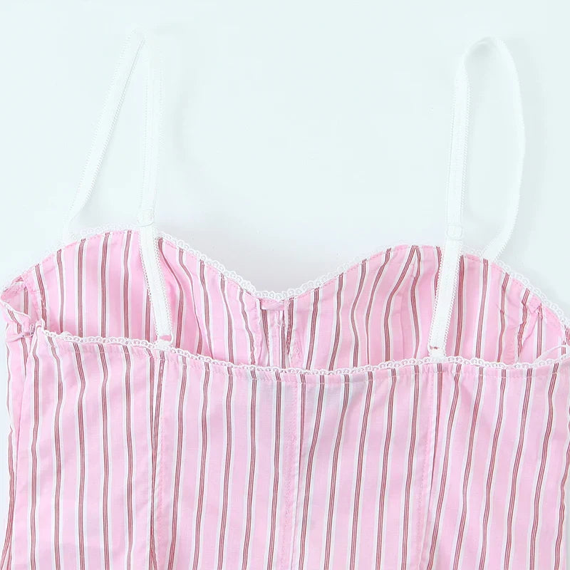 Women Fashion With Bow Striped Backless Side Zipper Tops Vintage Thin Straps V-Neck Female Chic Lady Camis