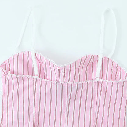 Women Fashion With Bow Striped Backless Side Zipper Tops Vintage Thin Straps V-Neck Female Chic Lady Camis
