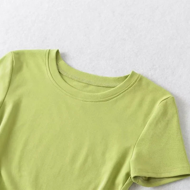 Harajuku Women Crew Neck Short Sleeve Cotton Tee With Ruched Sides Detail T-shirts