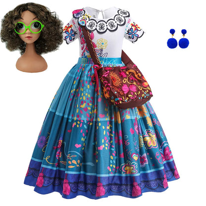 Fantasia Infantil de Princesa para Meninas Encanto Halloween Roupa Rodada Estampada Mirabel Desenho Animado Vestido Cosplay para Crianças 3-12 Anos