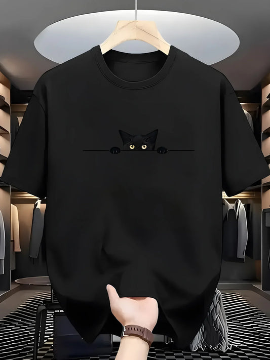 Men's Summer 100% Cotton Fashionable Casual Loose Large Cute Cat Pattern Printed Round Neck Short Sleeve T-shirt Top