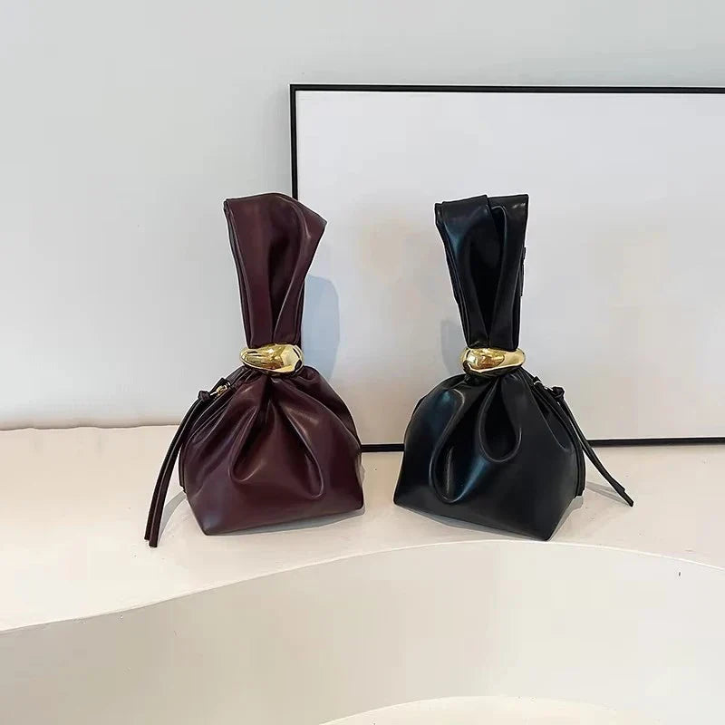 Mini Bolsas de Ombro de Couro PU com Design em Forma de Bolinho, para Mulheres, Modernas, com Nó, Retrô, de Pulso, Bolsas de Mão e Carteiras
